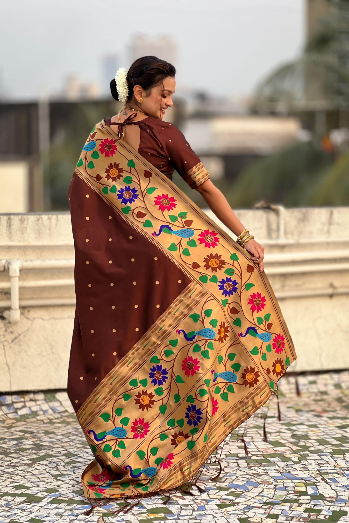 Brown Paithani Silk Saree with Peacock Floral Motifs Golden Zari Border