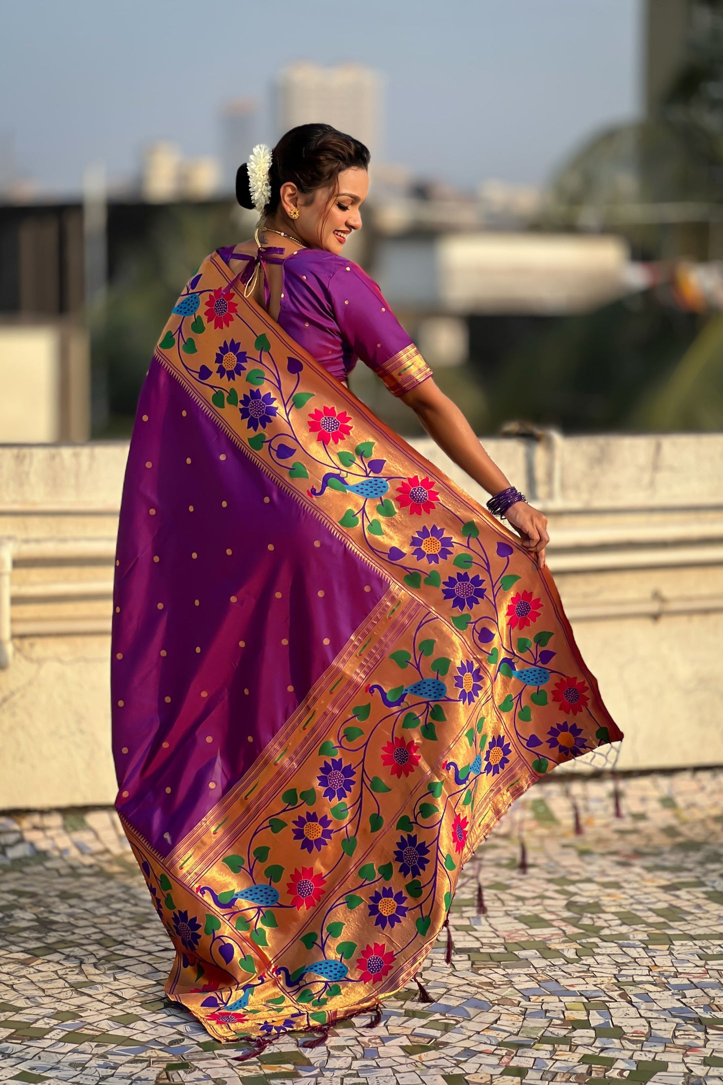 Royal Purple Silk Saree with Rich Multicolor Floral Peacock Motif Woven Border