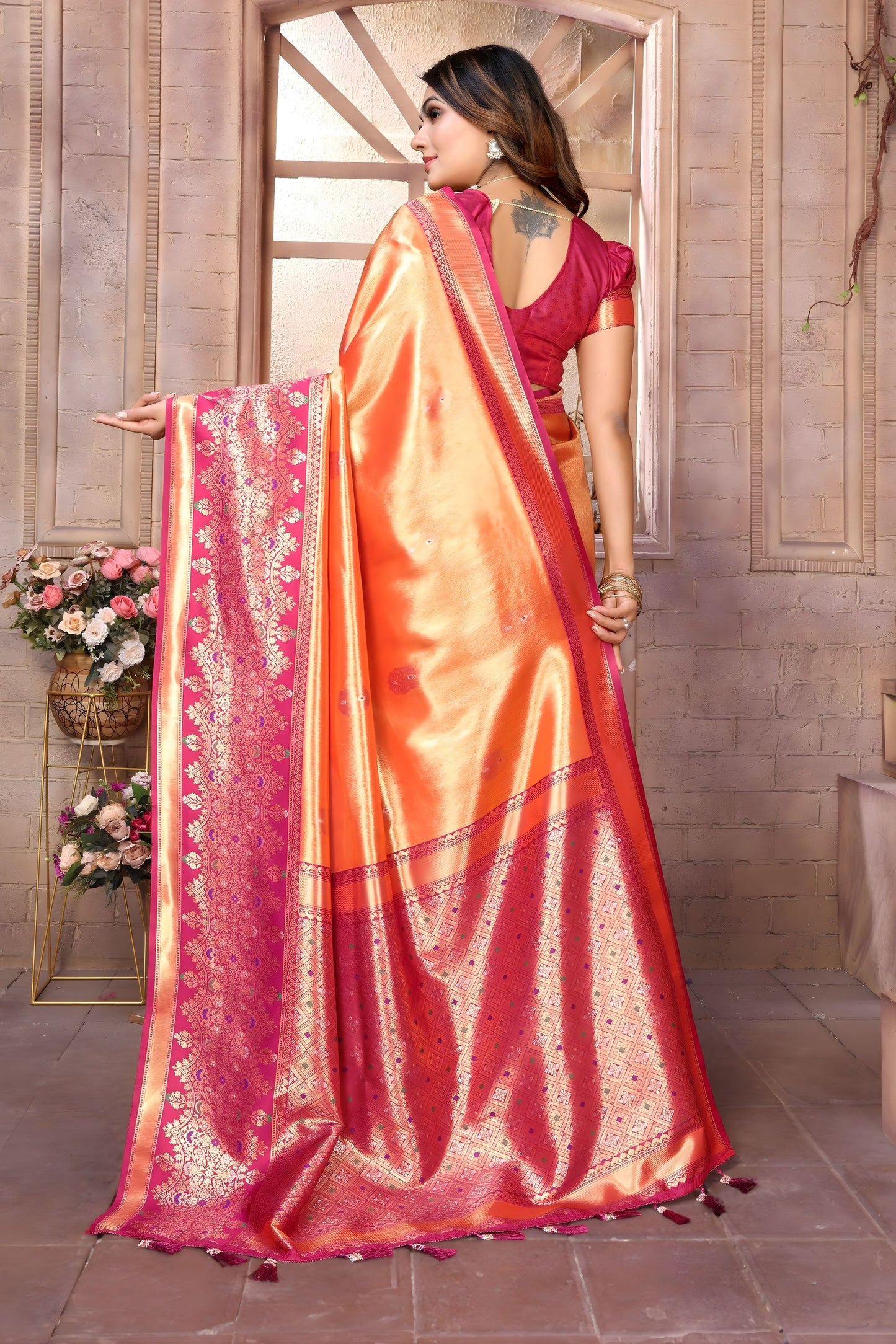 Orange Pink Kanchipuram Silk Saree with Rich Zari Woven Pallu