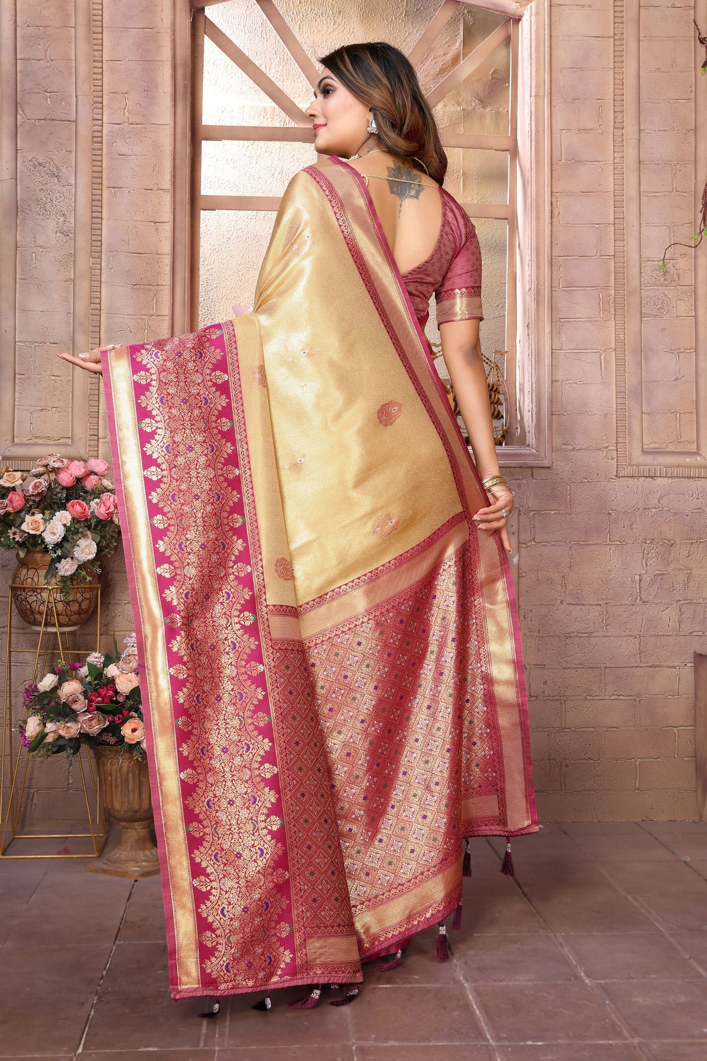 Golden Kanchipuram Silk Saree with Pink Zari Woven Pallu