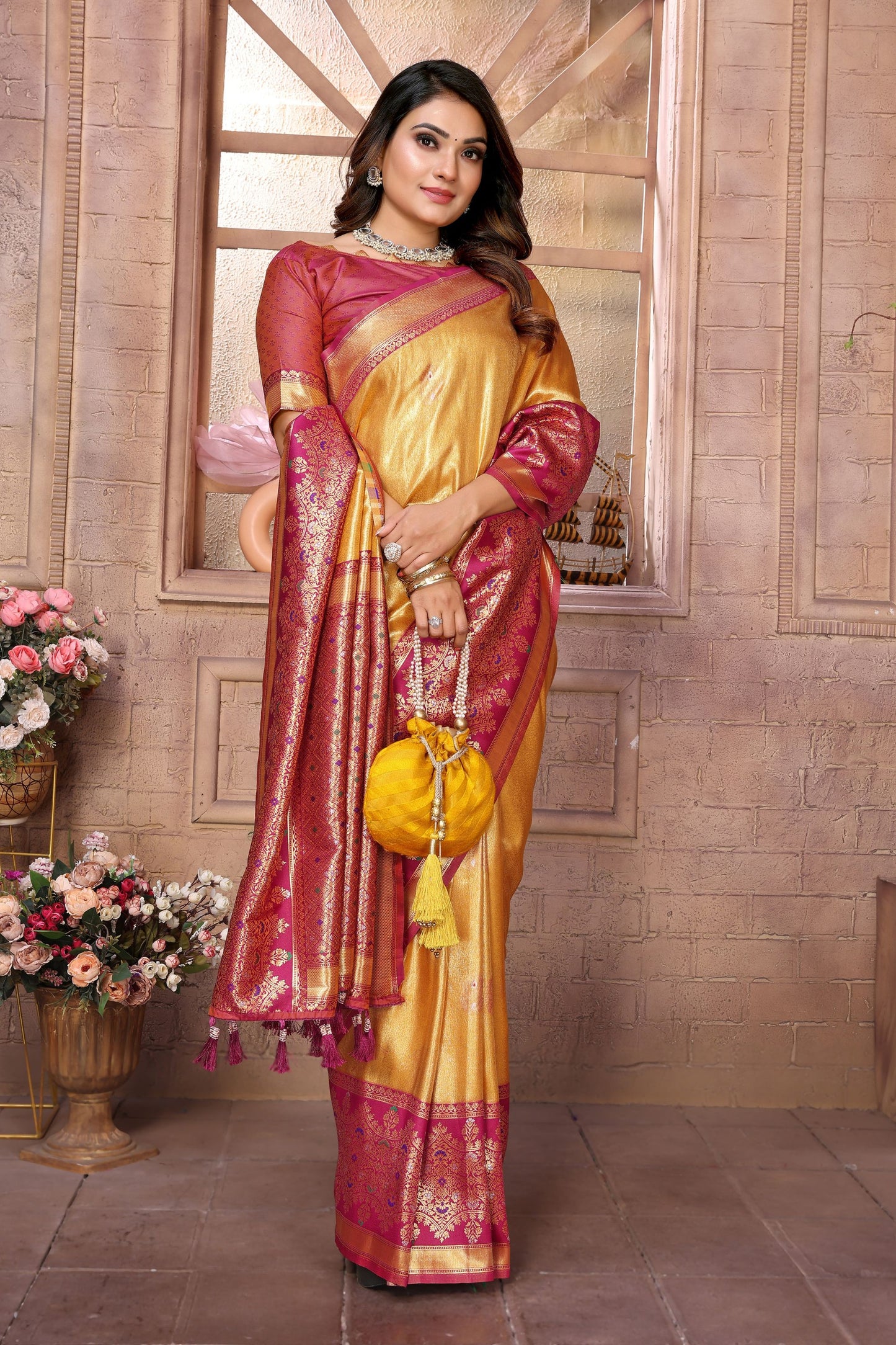 Golden Kanchipuram Silk Saree with Pink Zari Woven Pallu