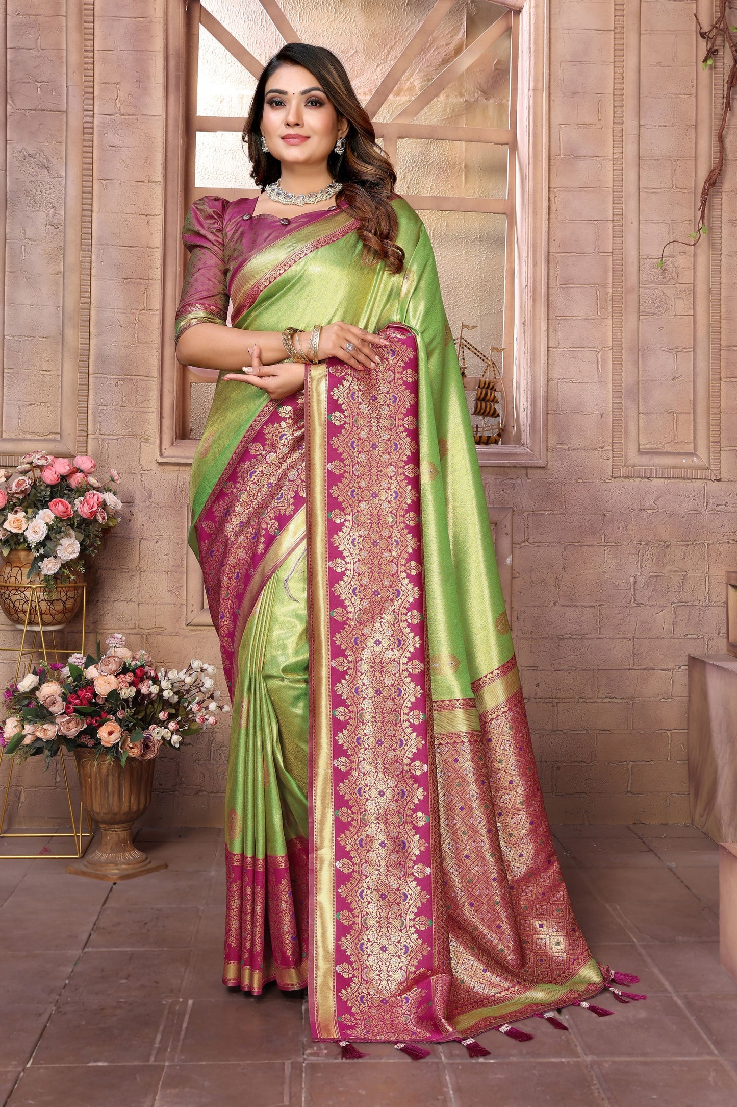Green Kanchipuram Silk Saree with Pink Zari Woven Pallu