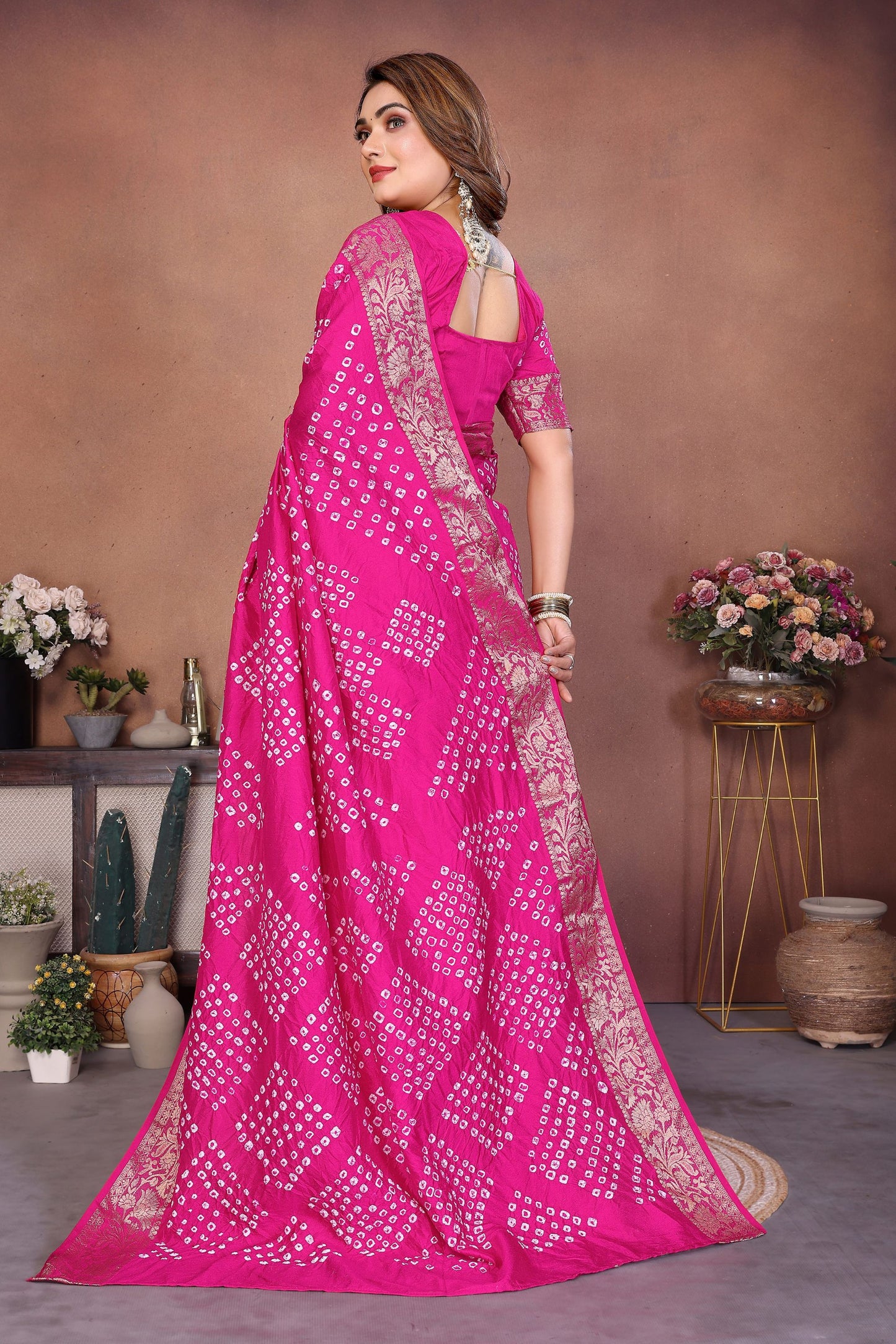 Rani Pink Bandhani Silk Saree Gold Zari Border Blouse Traditional Saree