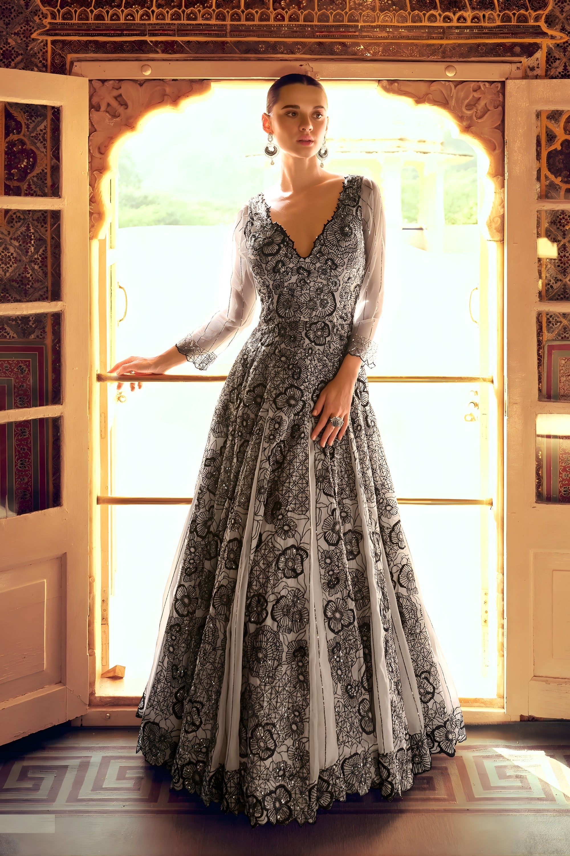 Elegant Grey Embroidered Viscose Anarkali Gown with Full Sleeves for W Mangaldeep NX Elegant Grey Embroidered Viscose Anarkali Gown with Full Sleeves for W Mangaldeep NX