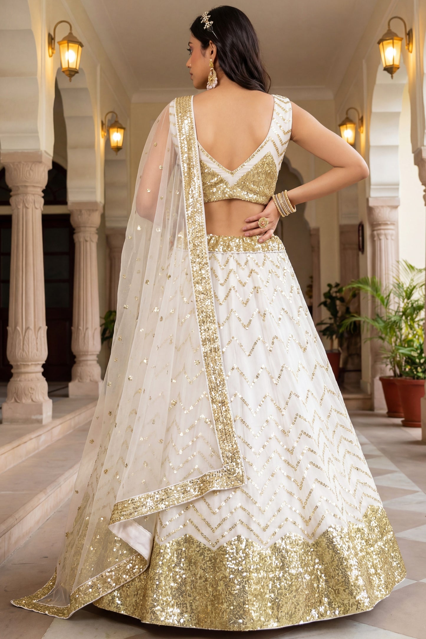 Stunning White Sequin Embroidered Net Lehenga Choli with Dupatta for Wedding
