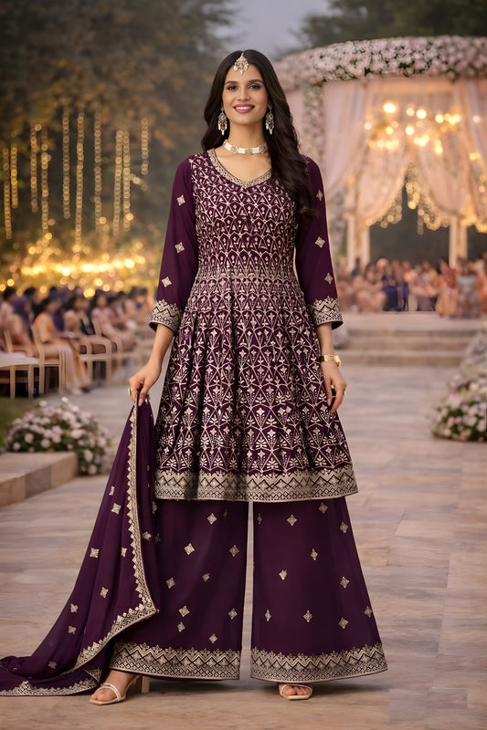 Stylish Purple Georgette Embroidered Palazzo Suit with Dupatta