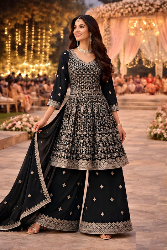 Stunning Black Georgette Embroidered Palazzo Suit Set with Dupatta