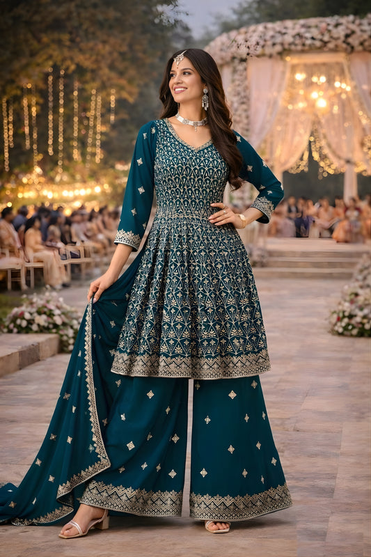 Splendid Teal Green Georgette Embroidered Palazzo Suit Set with Dupatta