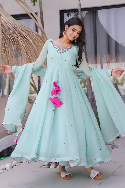 Elegant Mint Green Floral Embroidered Georgette Anarkali Suit with Full Sleeves for Wedding