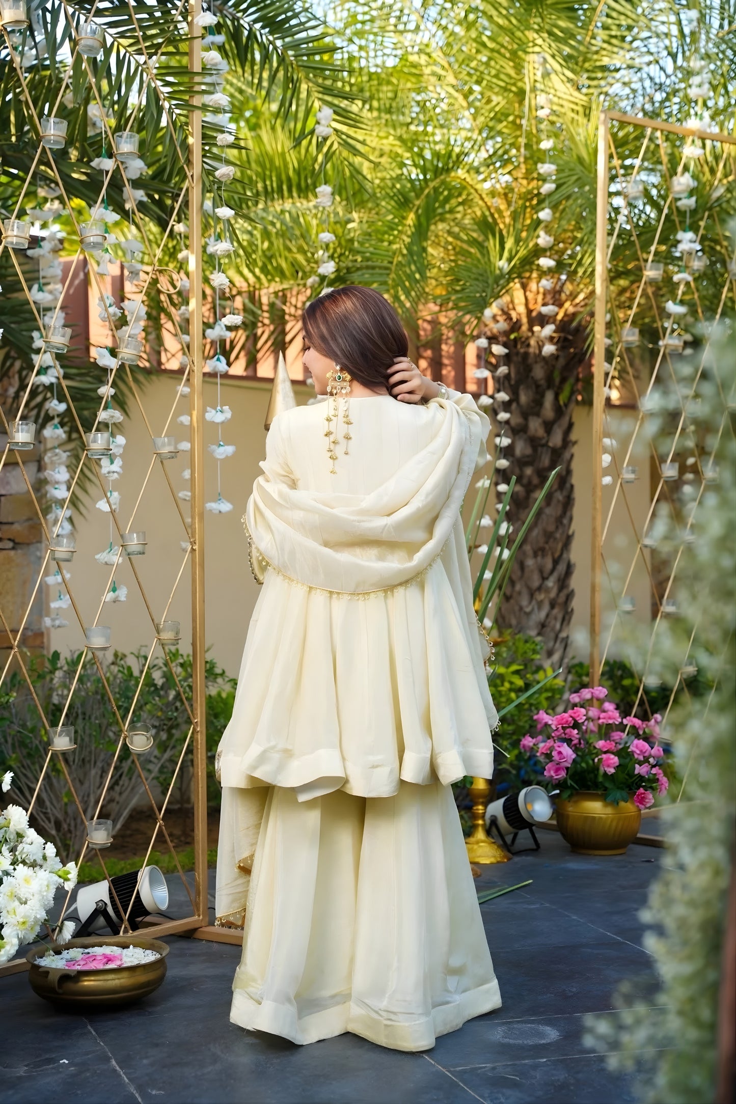 Charming Cream Mirror Work Chinon Sharara Suit with Dupatta for Wedding