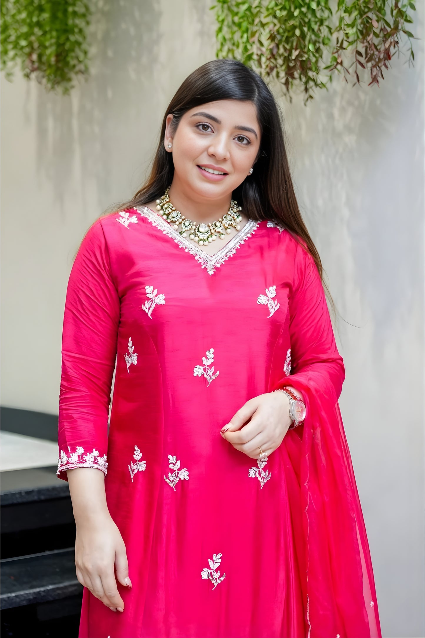 Latest Rani Pink Embroidered Muslin Salwar Suit with Dupatta for Wedding