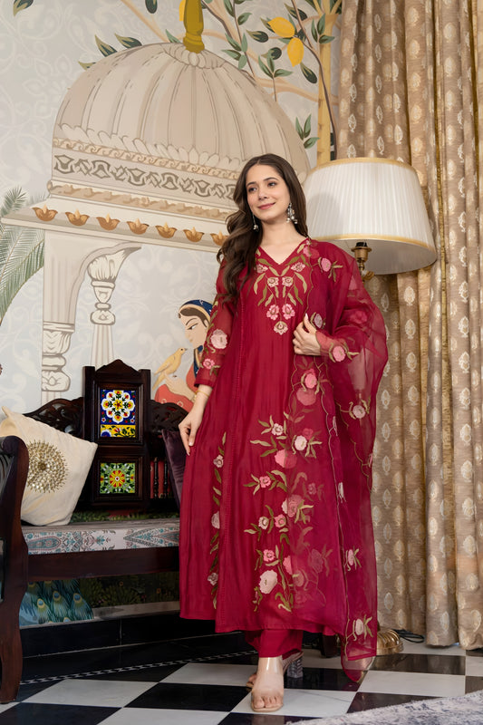 Fabulous Maroon Floral Embroidered Muslin Salwar Suit with Dupatta for Wedding