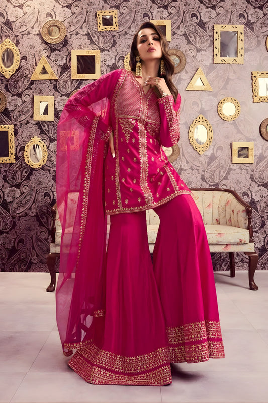 Wonderful Rani Pink Embroidered Chanderi Sharara Suit with Dupatta for Wedding