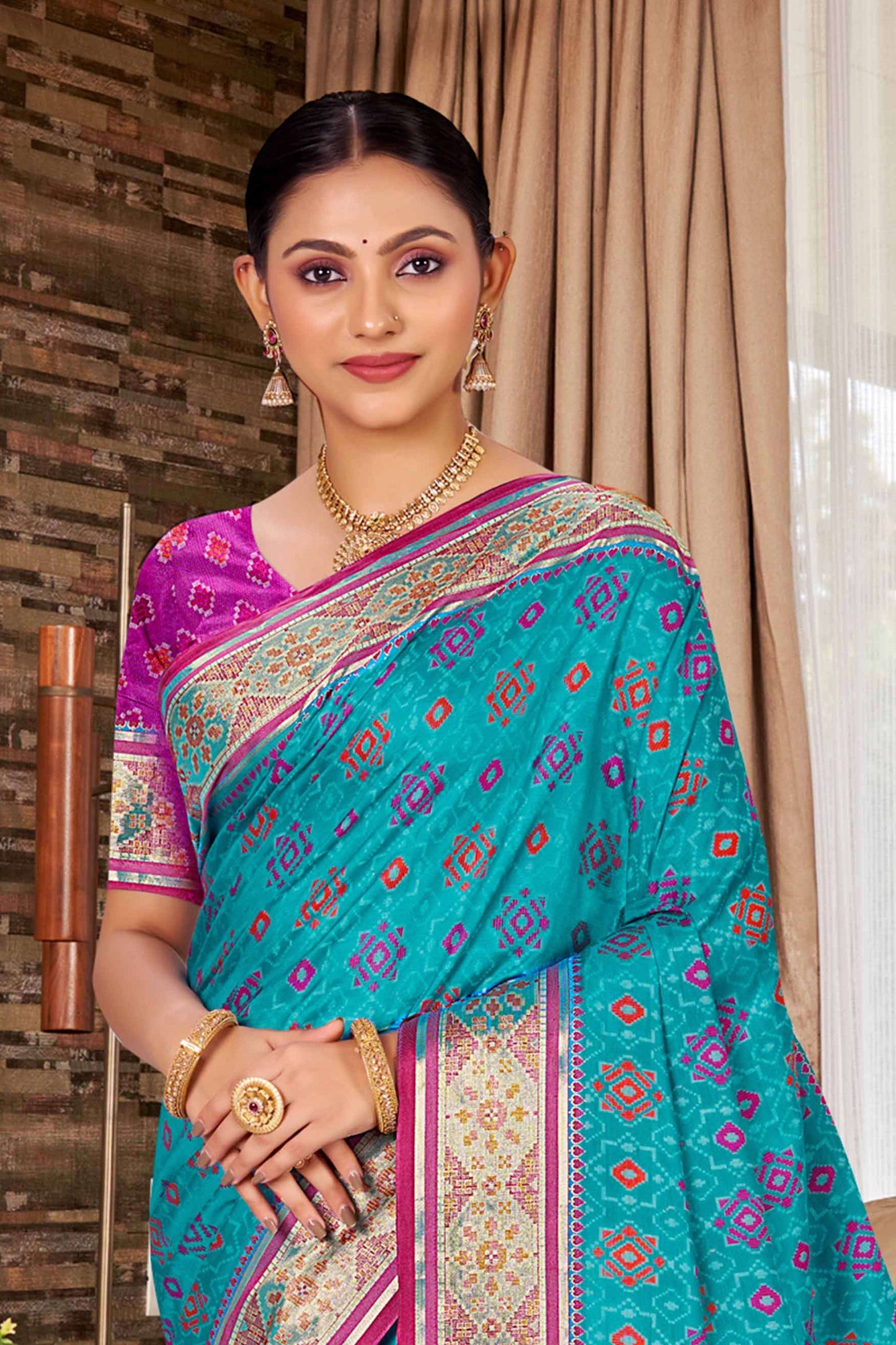 Teal Blue Patola Silk Saree Pink Contrast Pallu Traditional Woven Design