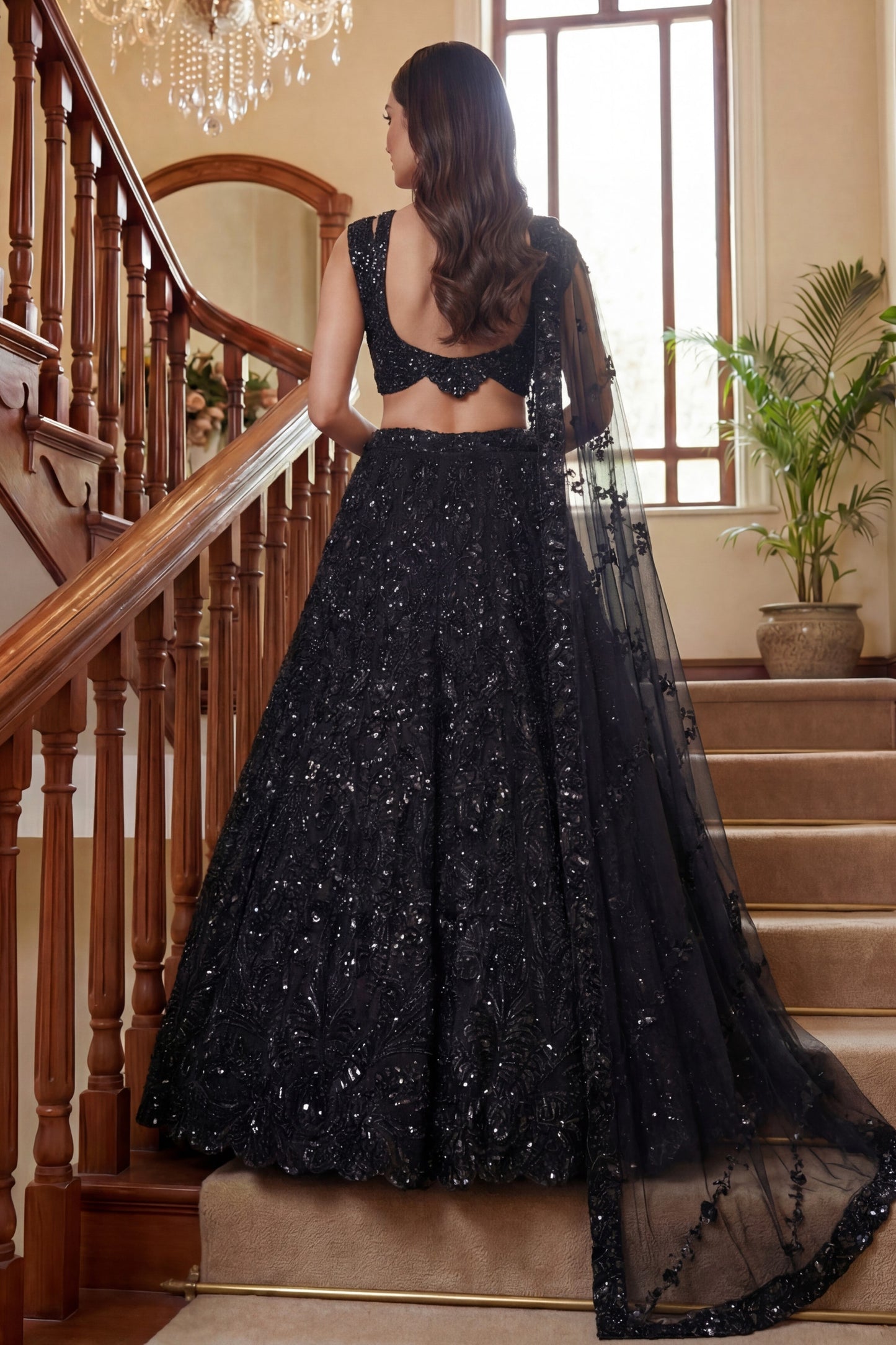 Gorgeous Black Embroidered Net Lehenga Choli Set with Net Dupatta
