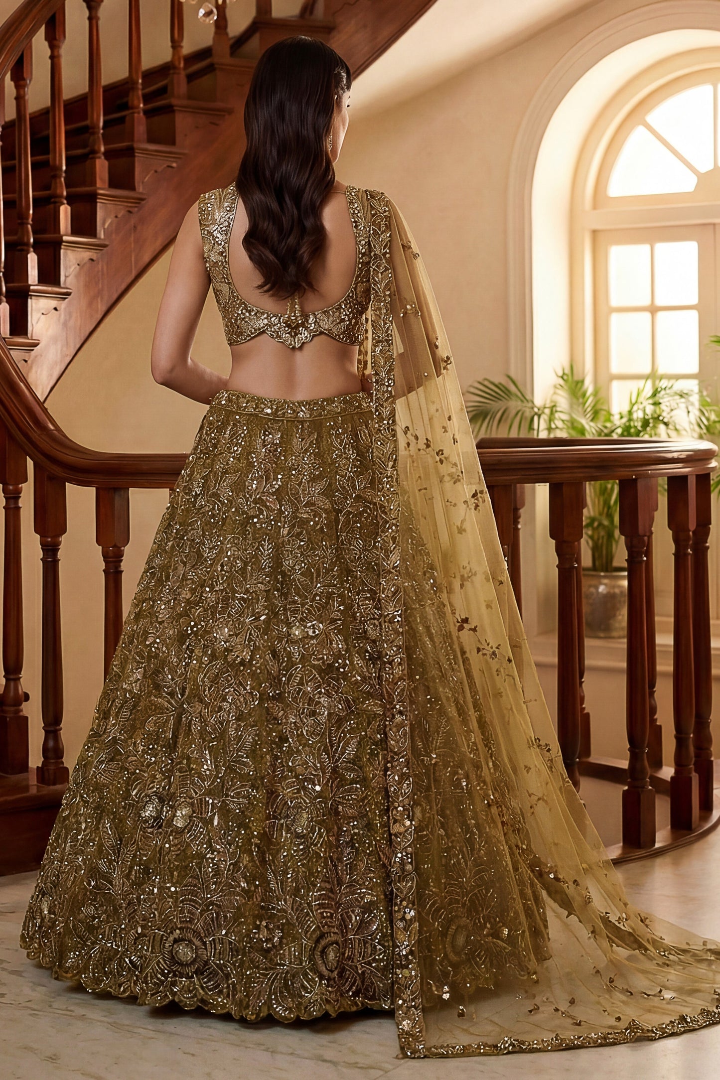 Precious Golden Embroidered Net Lehenga Choli Set with Net Dupatta