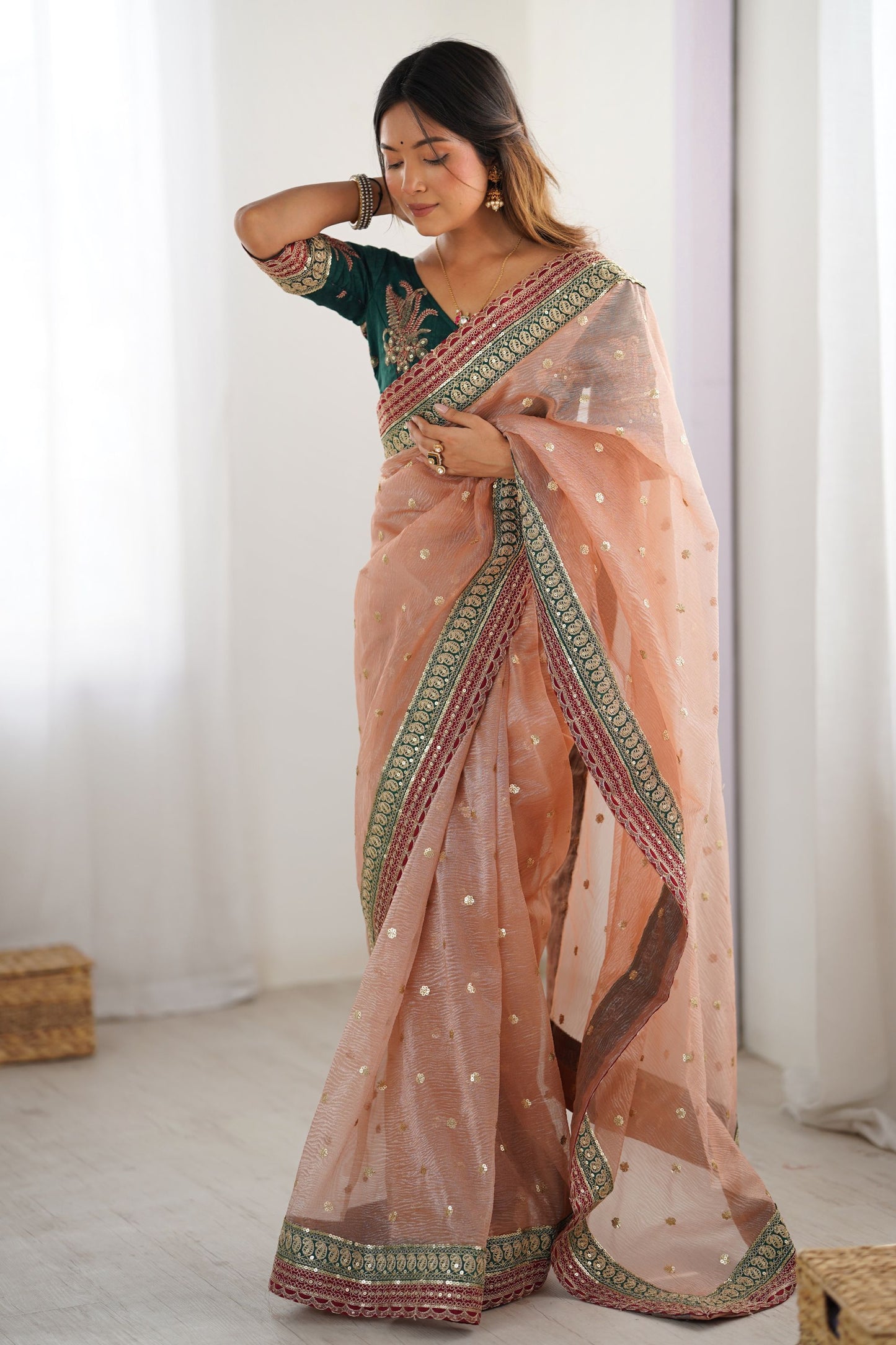 Peach Organza Saree Embroidered Border Sequin Work Party Wear