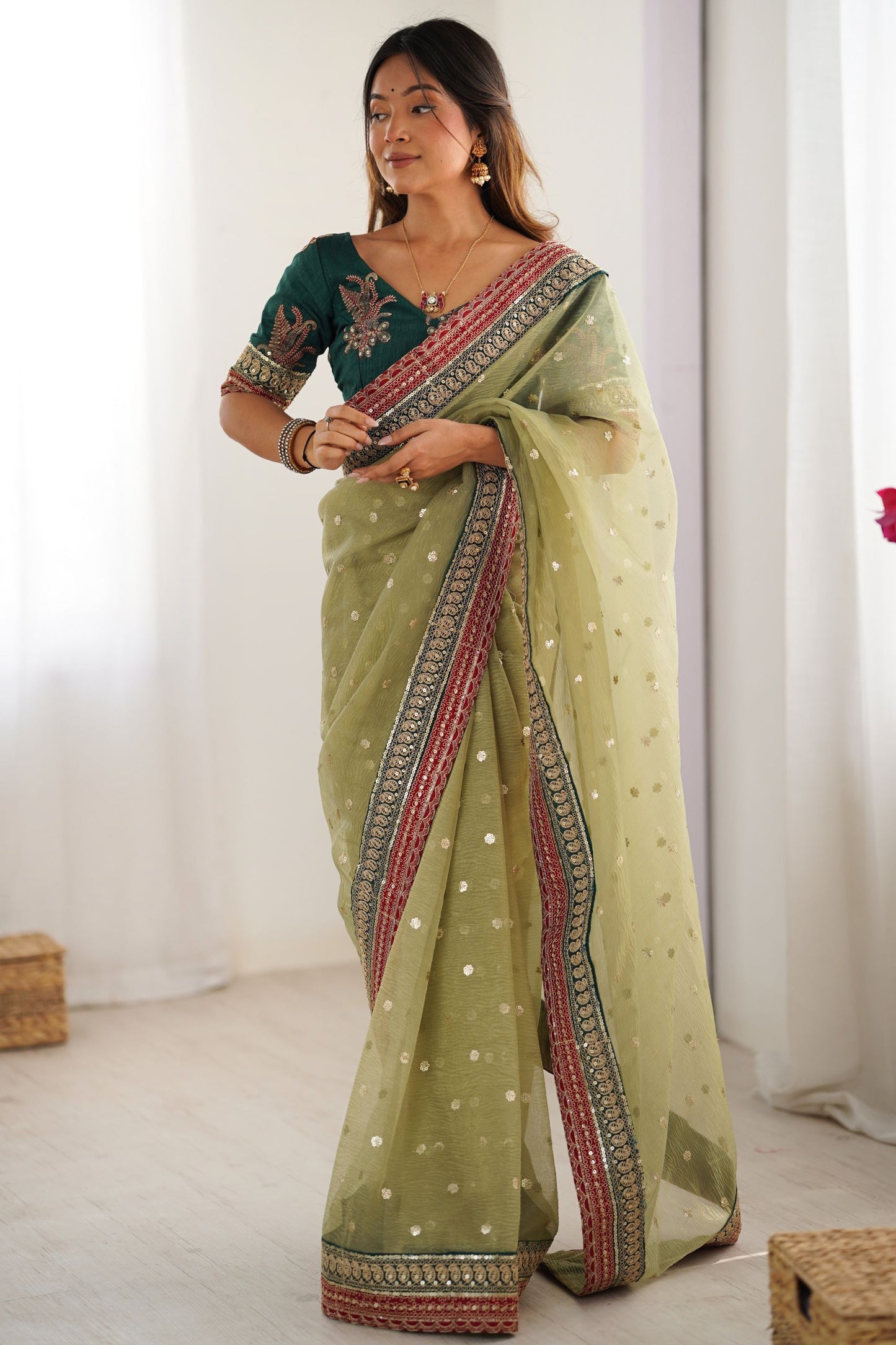 Pista Green Organza Saree Gold Butti Embroidered Border Party Wear