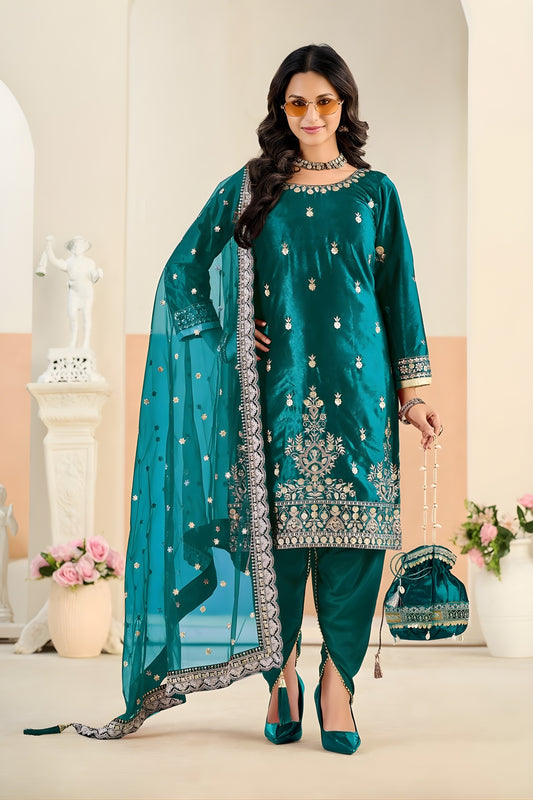 Stylish Rama Green Embroidered Velvet Salwar Suit with Dupatta for Festive Wear