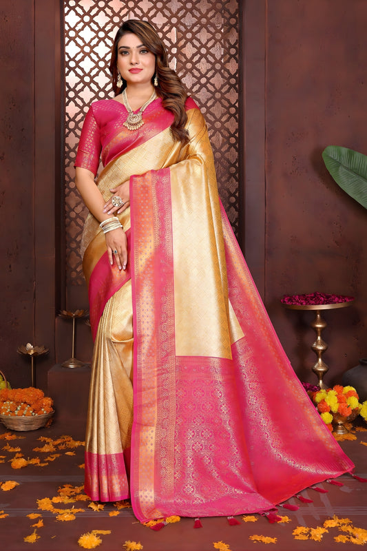 Stylish Yellow Banarasi Tissue Silk Saree with Pink Blouse for Wedding