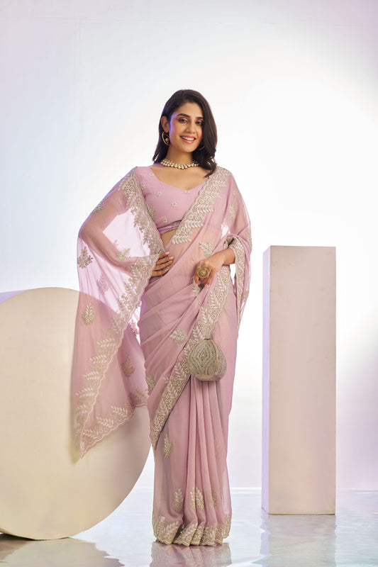 Pastel Pink Embroidered Net Saree with Heavy Silver Border