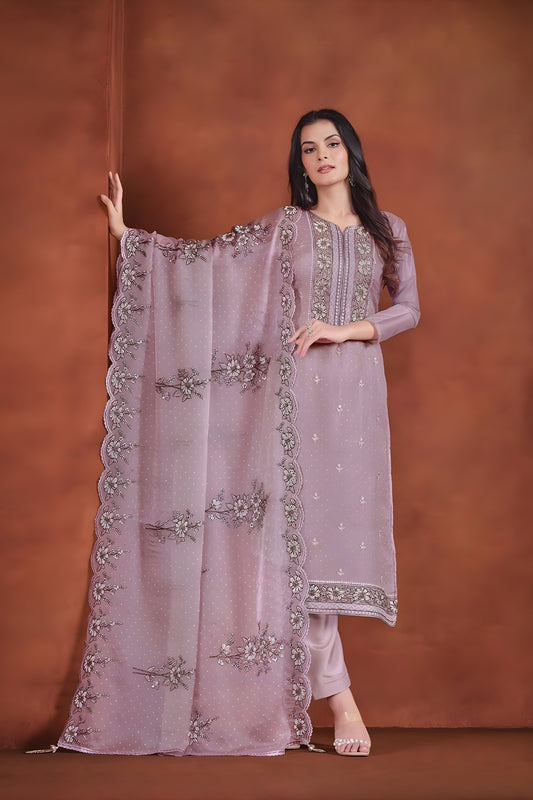 Beautiful Pink Embroidered Organza Straight Salwar Suit with Dupatta for Wedding