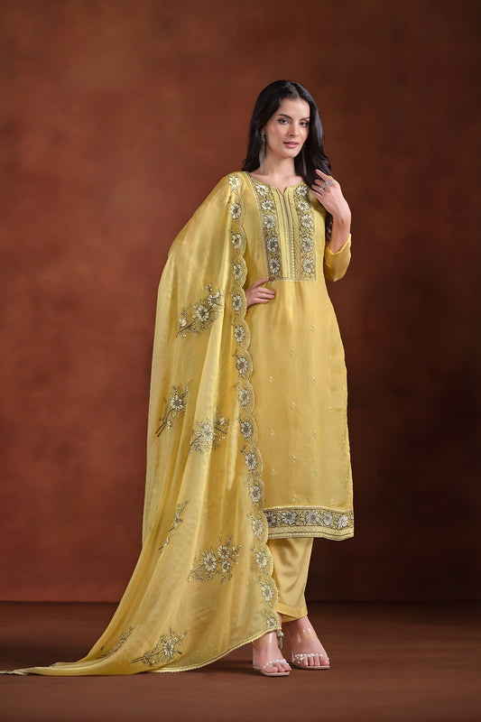 Fancy Mustard Yellow Embroidered Organza Straight Salwar Suit with Dupatta for Wedding