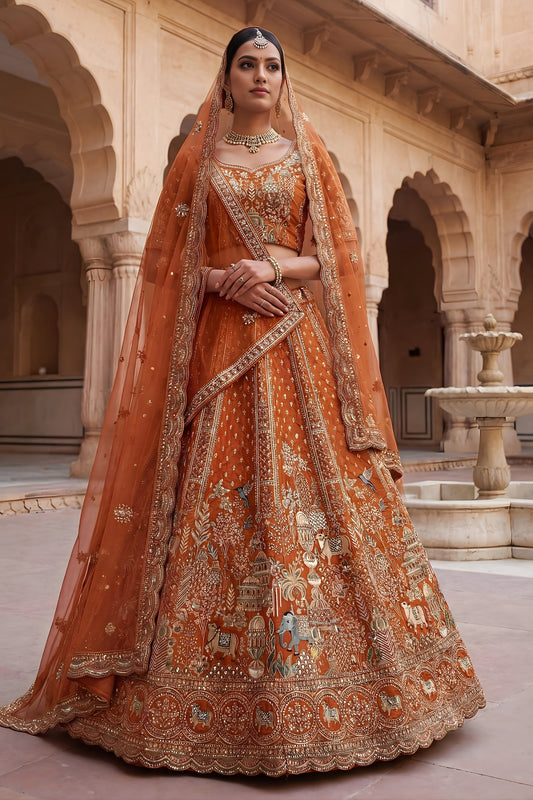 Royal Rust Orange Heavy Embroidered Silk Lehenga Choli with Dupatta for Wedding