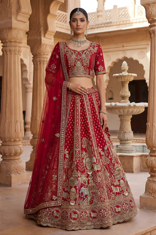 Traditional Red Heavy Embroidered Silk Bridal Lehenga Choli with Net Dupatta for Wedding