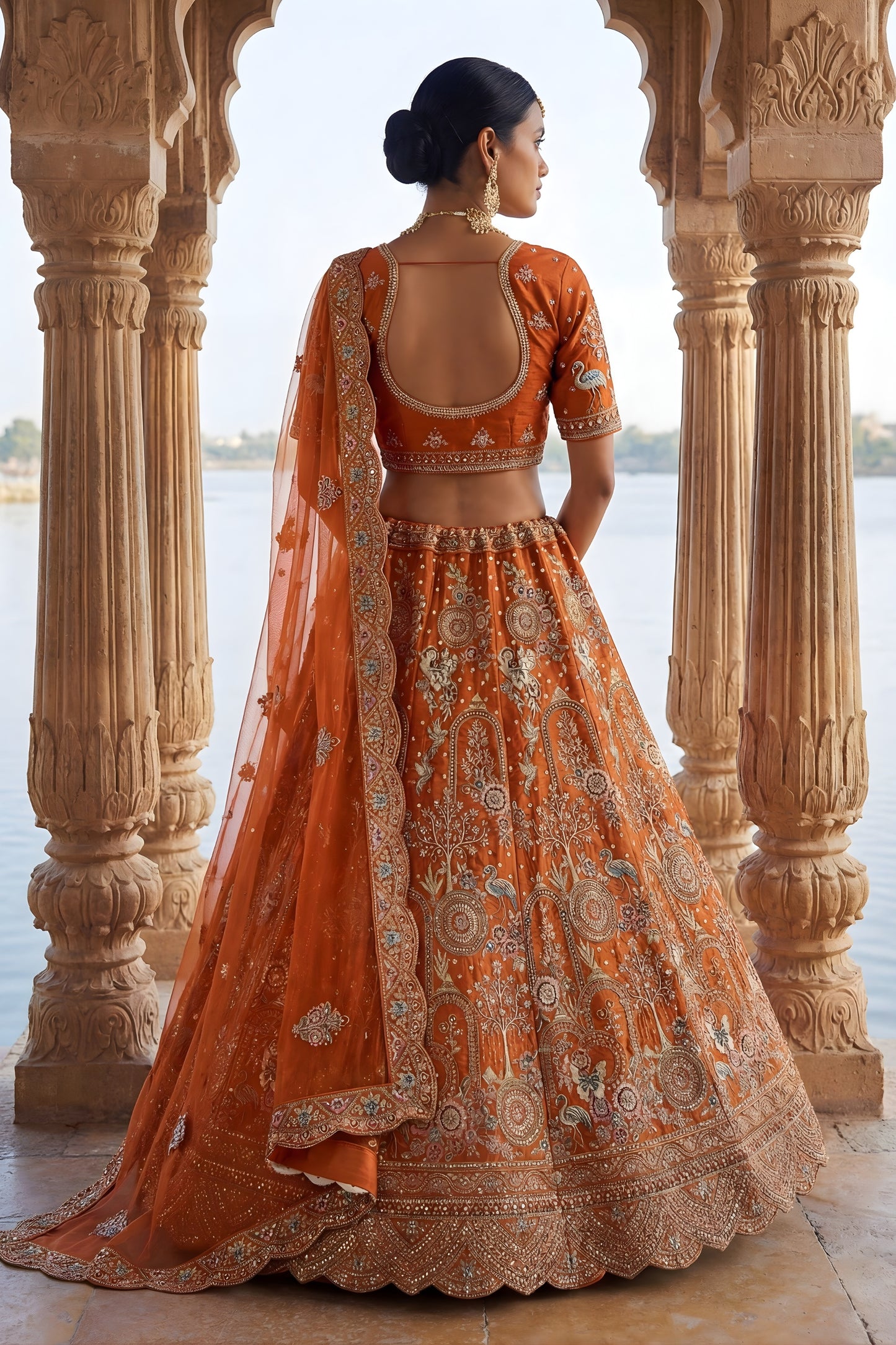 Vibrant Orange Heavy Embroidered Silk Bridal Lehenga Choli with Net Dupatta for Wedding
