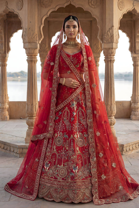 Premium Red Heavy Embroidered Silk Bridal Lehenga Choli with Net Dupatta