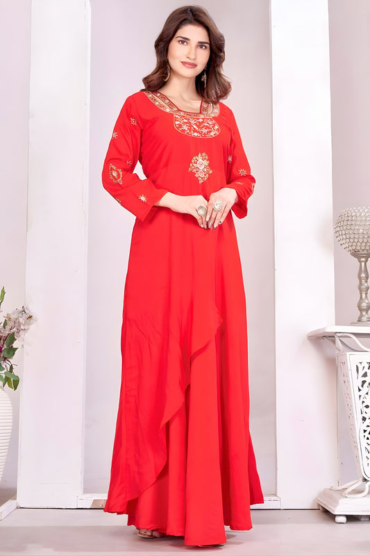 Elegant Red Muslin Embroidered Party Wear Gown for Women