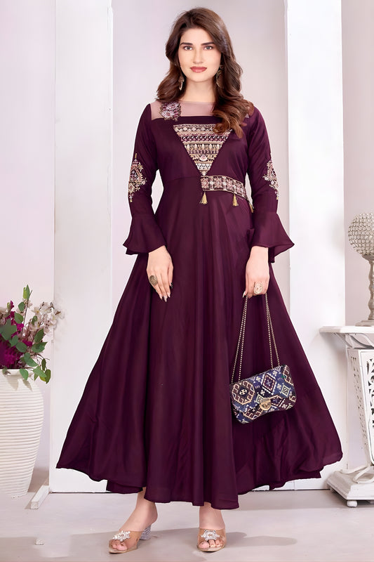 Superb Wine Muslin Embroidered Party Wear Gown for Women