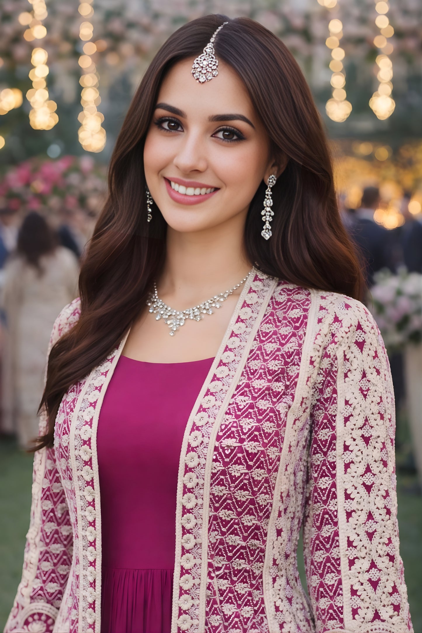 Stunning Magenta Heavy Embroidered Chinon Party Wear Gown with Jacket