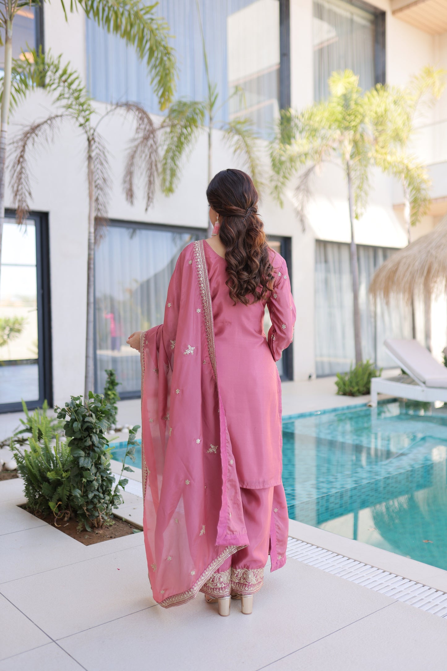 Beautiful Rose Pink Silk Embroidered Straight Cut Salwar Suit with Matching Dupatta