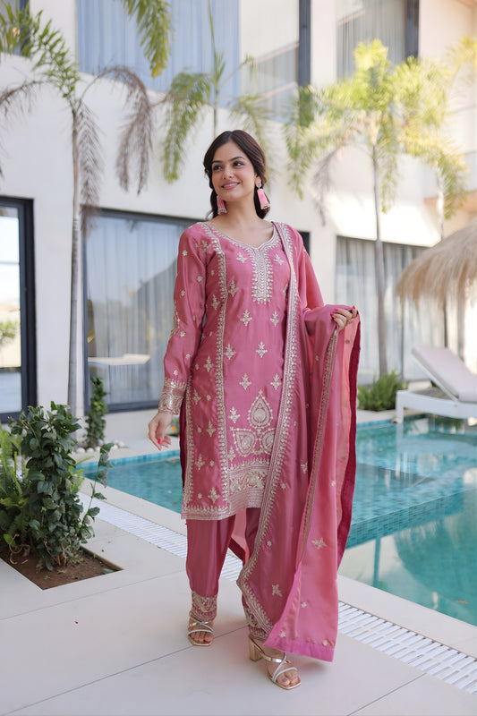 Beautiful Rose Pink Silk Embroidered Straight Cut Salwar Suit with Matching Dupatta