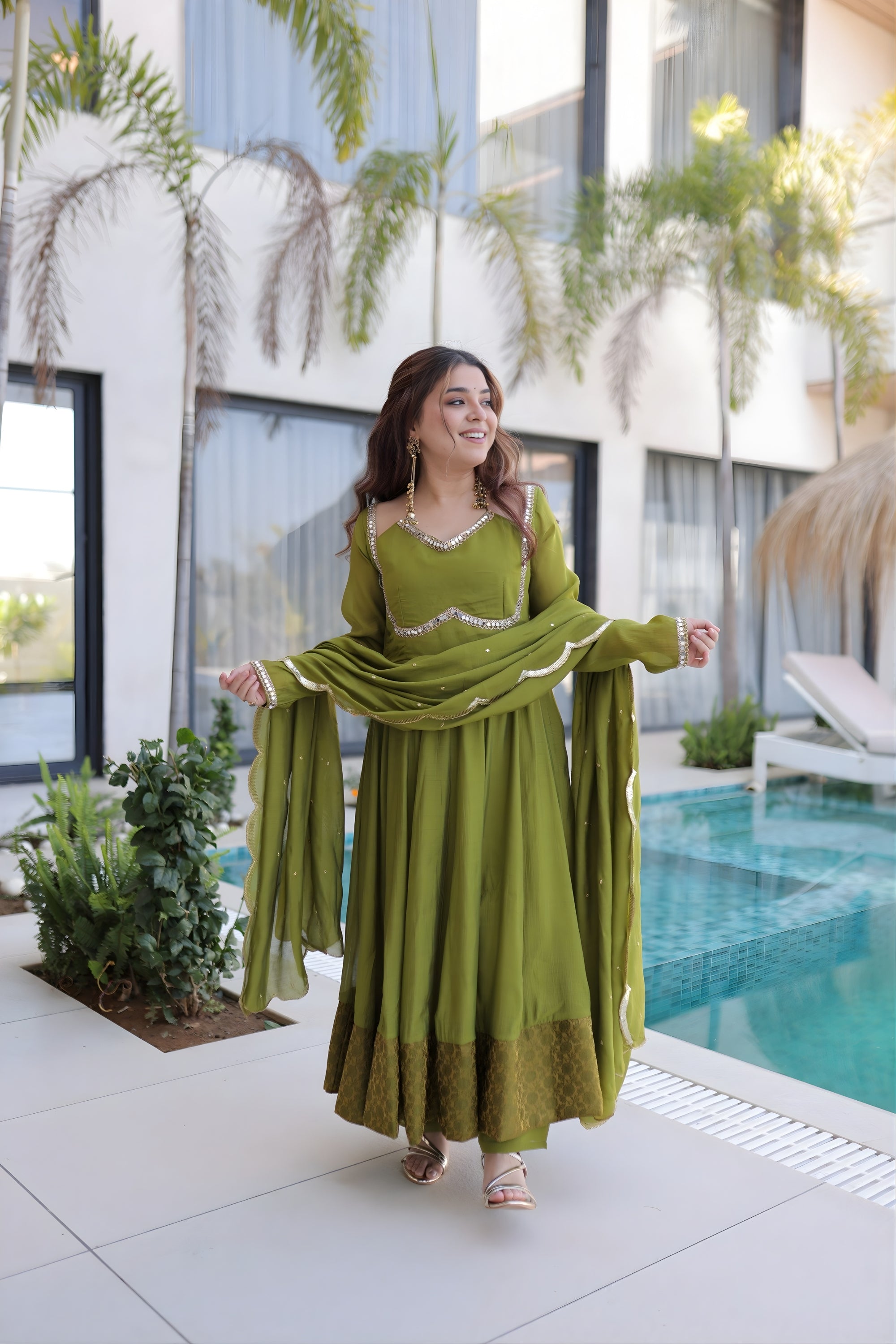 Stylish Olive Green Embroidered Chanderi Wedding Wear Anarkali Suit wi Mangaldeep NX Stylish Olive Green Embroidered Chanderi Wedding Wear Anarkali Suit wi Mangaldeep NX
