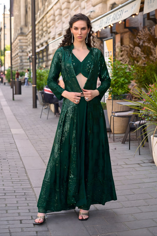 Luxurious Green Georgette Embroidered Party Wear Palazzo Set With Jacket