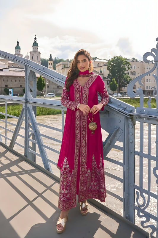 Stunning Rani Pink Chinon Embroidered Anarkali Suit with Dupatta for Wedding