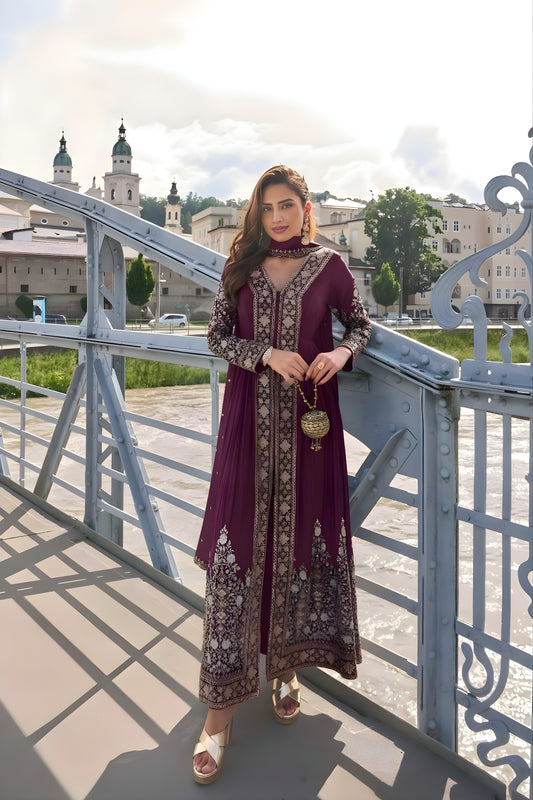 Stylish Wine Chinon Heavy Embroidered Anarkali Suit with Dupatta for Wedding