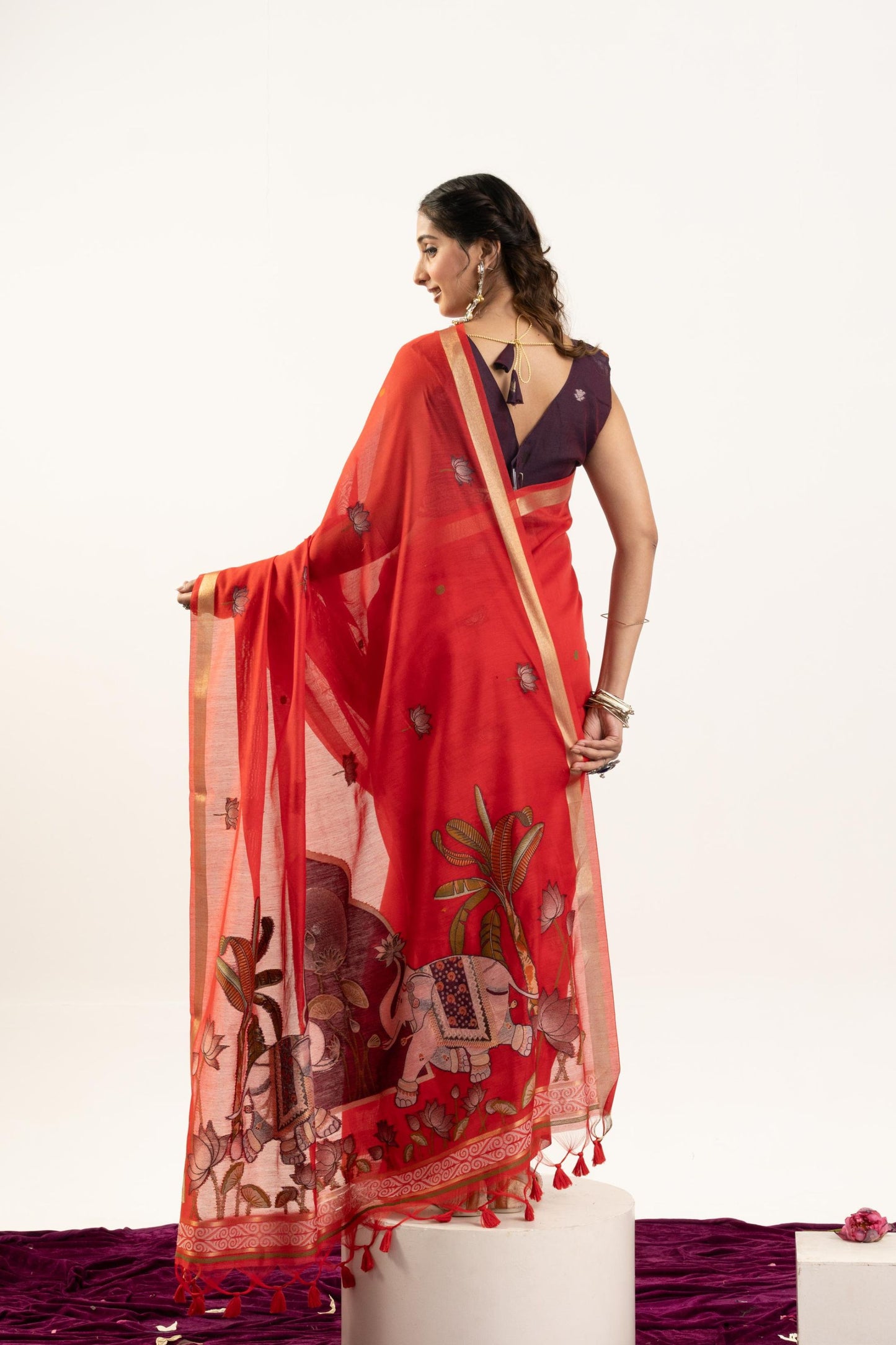 Red Floral Printed Saree Golden Border Traditional Saree
