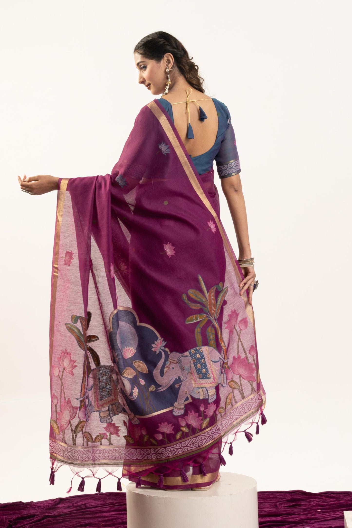 Purple Floral Printed Saree Golden Border Traditional Saree