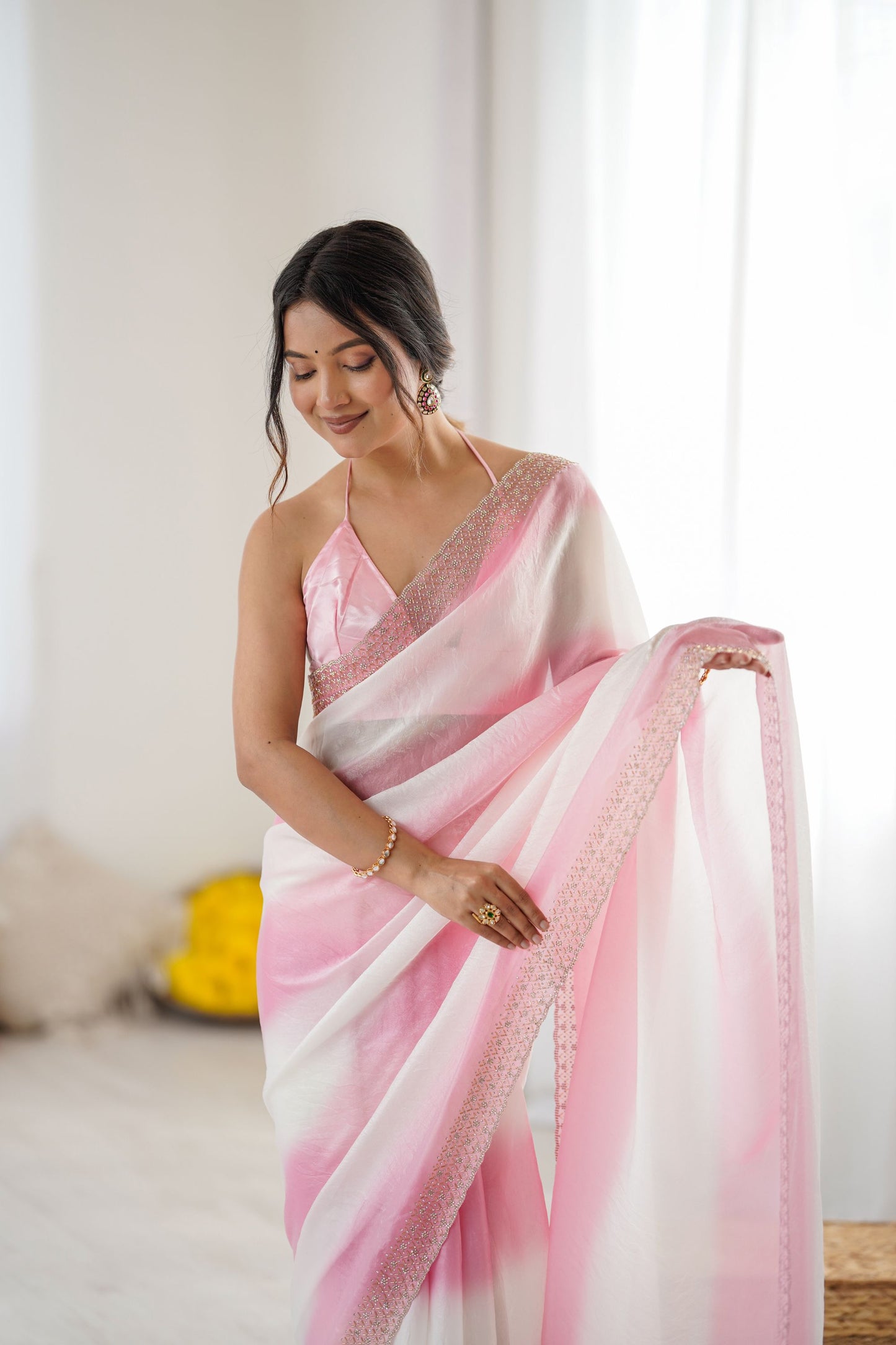Pink White Tie-Dye Saree Sequin Border Designer Party Wear Saree