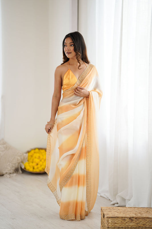 Golden Peach Ombre Designer Saree Zari Border Party Wear