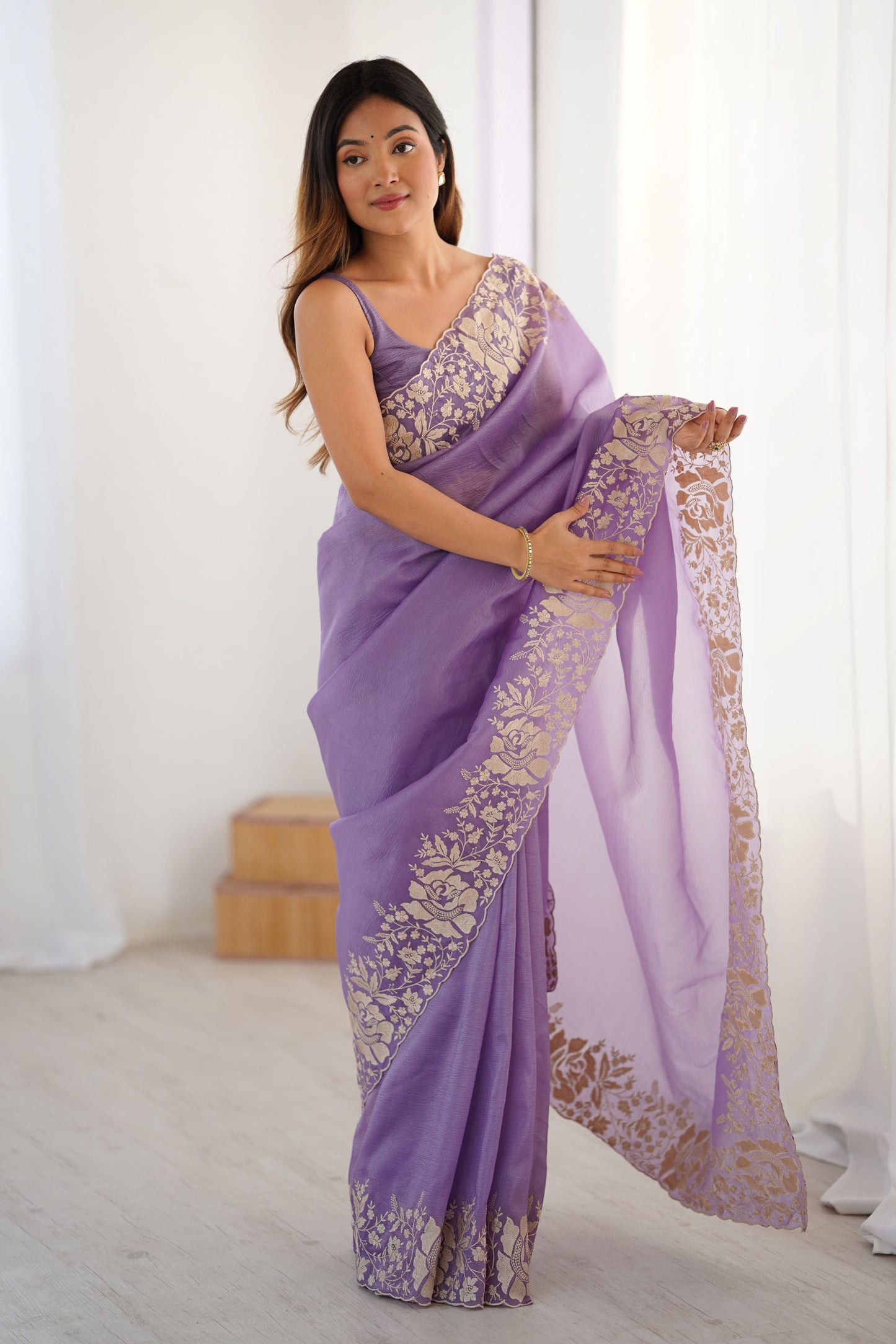 Lavender Purple Designer Saree Gold Floral Zari Border Party Wear
