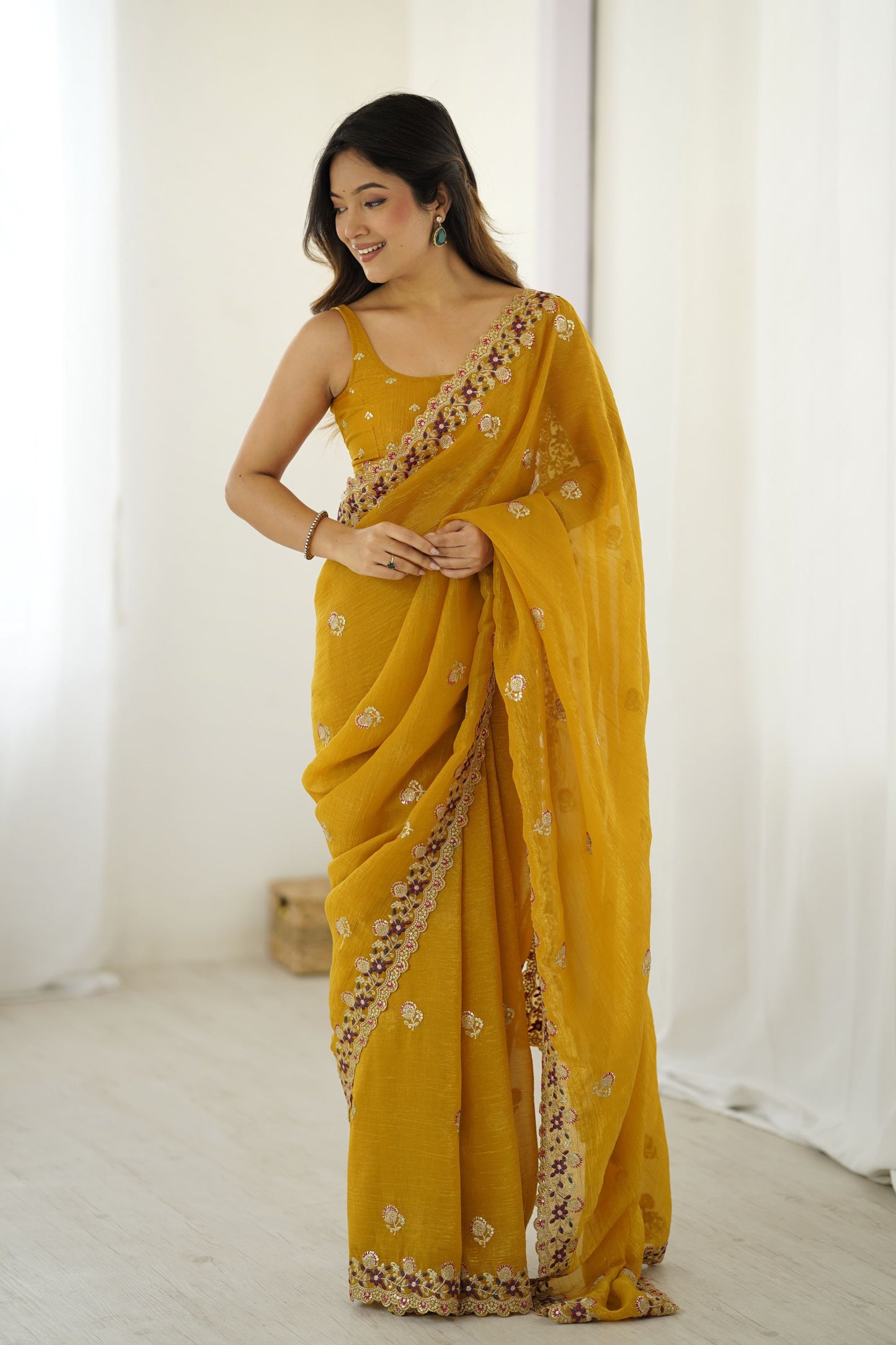 Mustard Yellow Designer Saree Embroidered Border Party Wear Saree