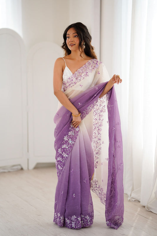 Lavender Ivory Ombre Organza Saree with Floral Embroidery Border