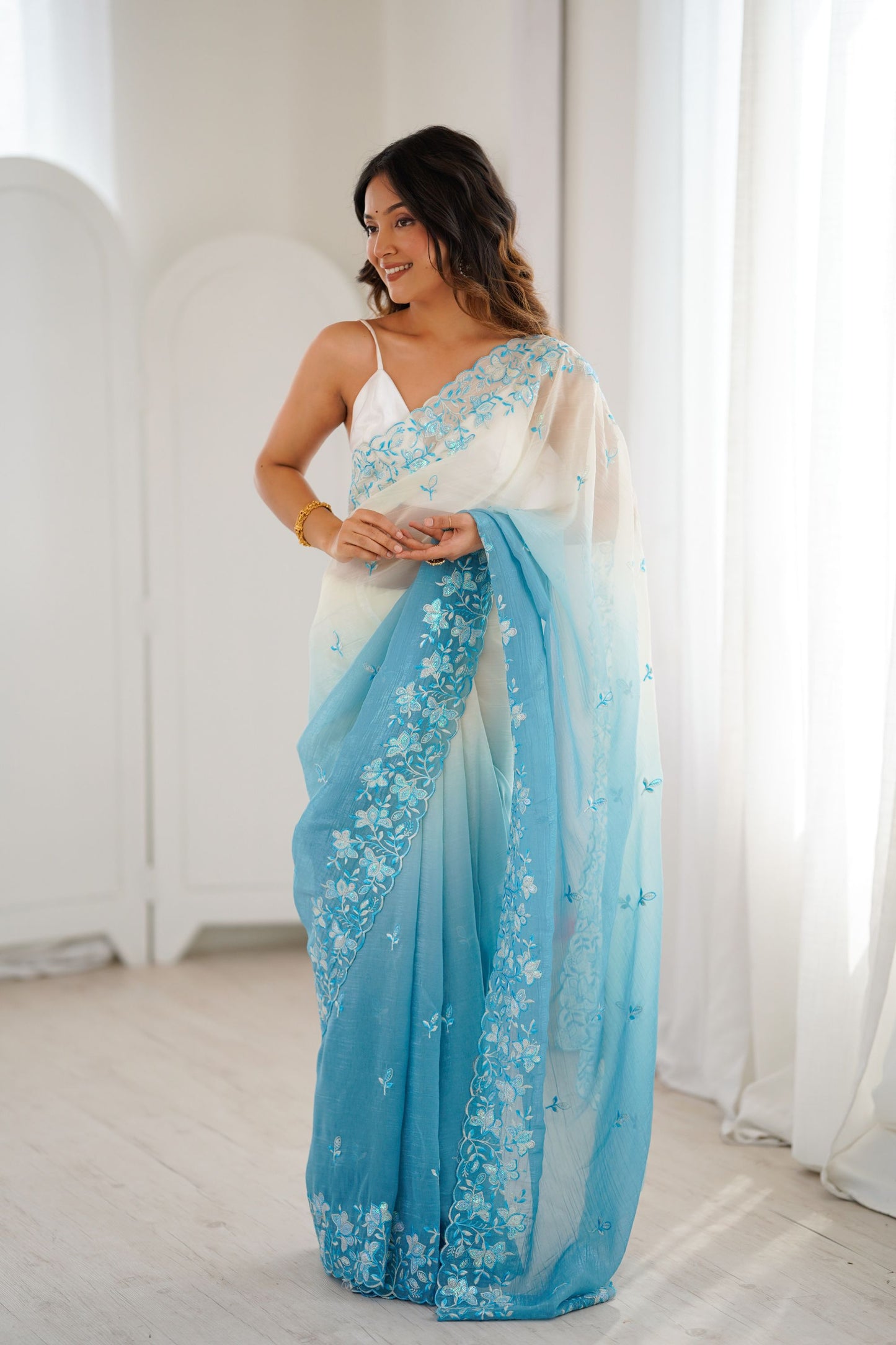 Sky Blue Ivory Ombre Organza Saree with Floral Embroidery Border