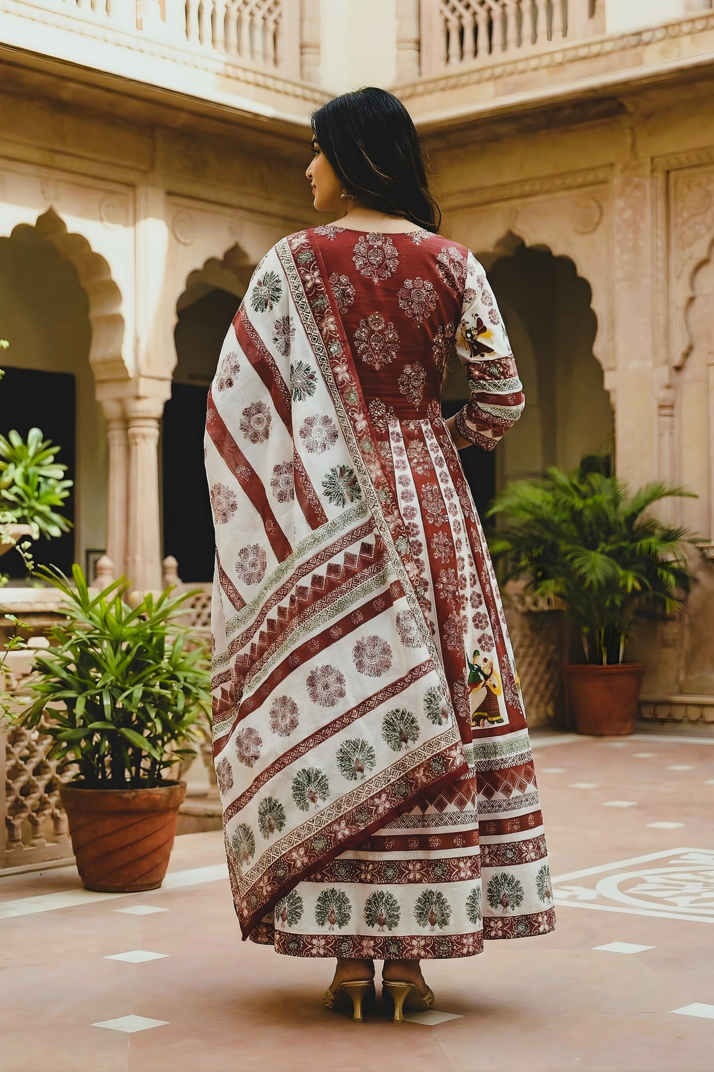 Beautiful Maroon and Off White Cotton Rayon Printed Lehenga Choli with Dupatta