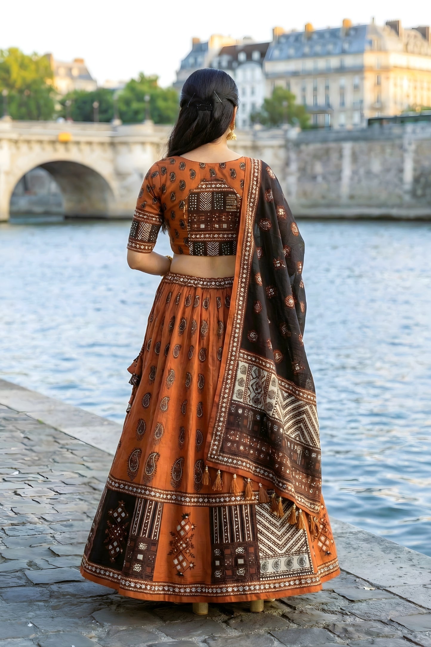 Graceful Rust Orange and Black Cotton Rayon Printed Lehenga Choli with Dupatta